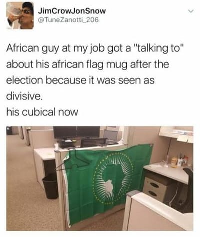See this guy's reaction after he was reprimanded for displaying an African flag at work