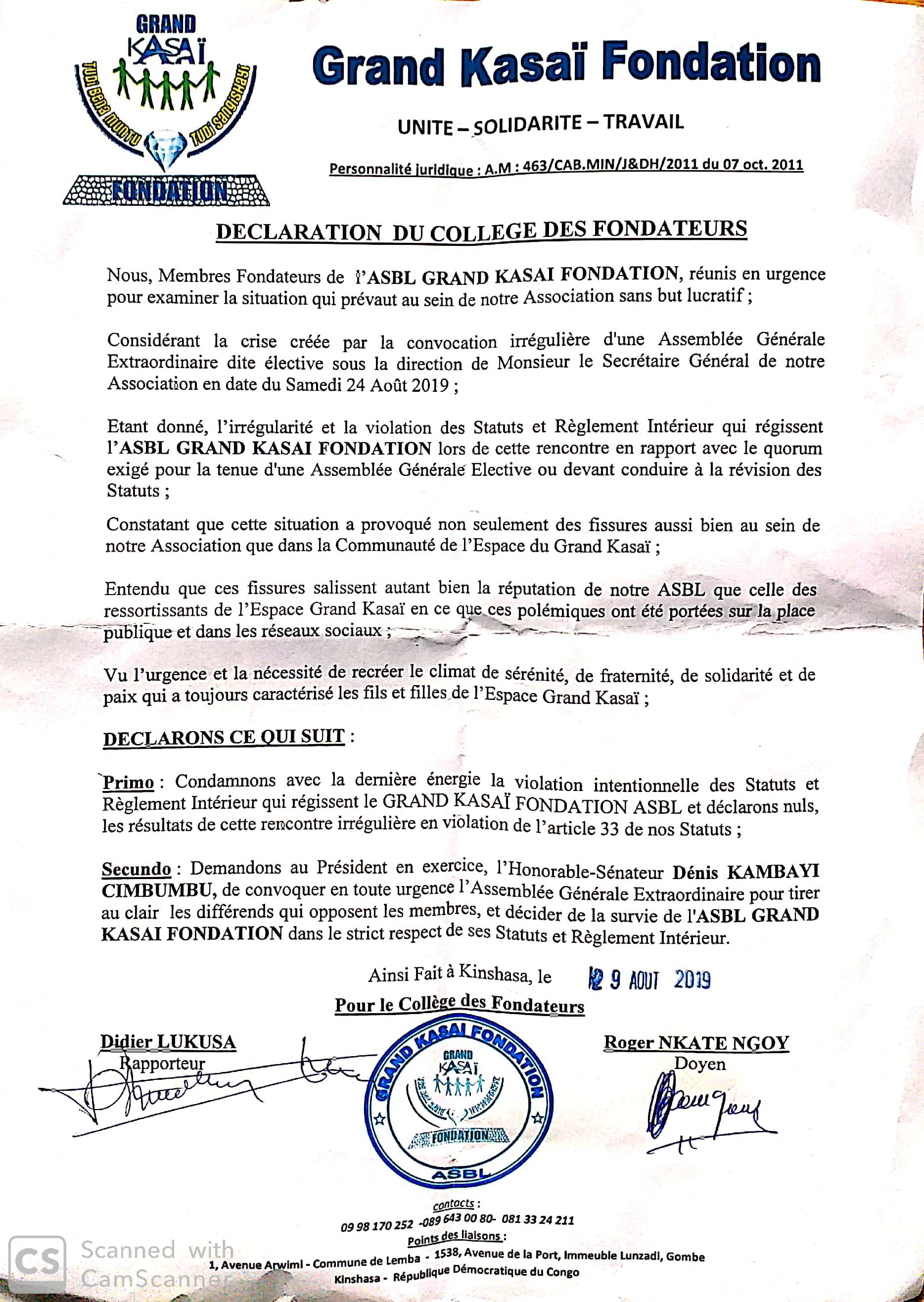 Putsch  au sein du Grand Kasaï Fondation ASBL :  Le Collège des Fondateurs en colère !