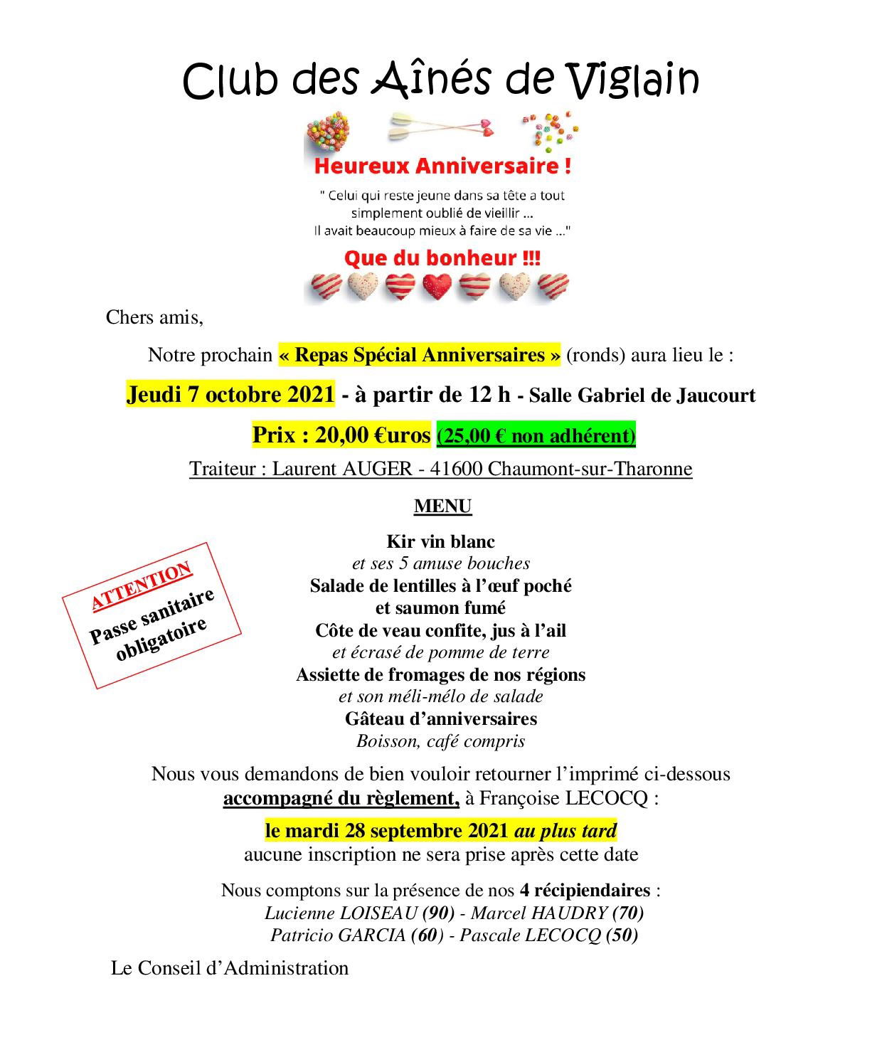 Repas des anniversaires ronds du 7 octobre 2021