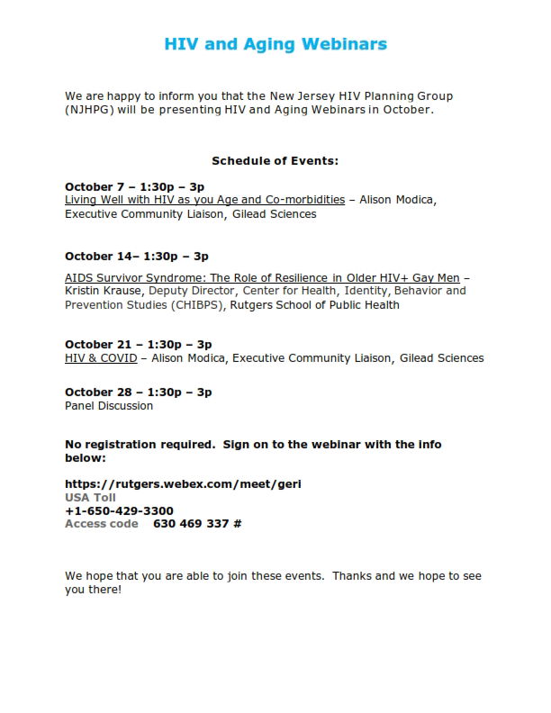 HIV and Aging Webinars  - NJHPG