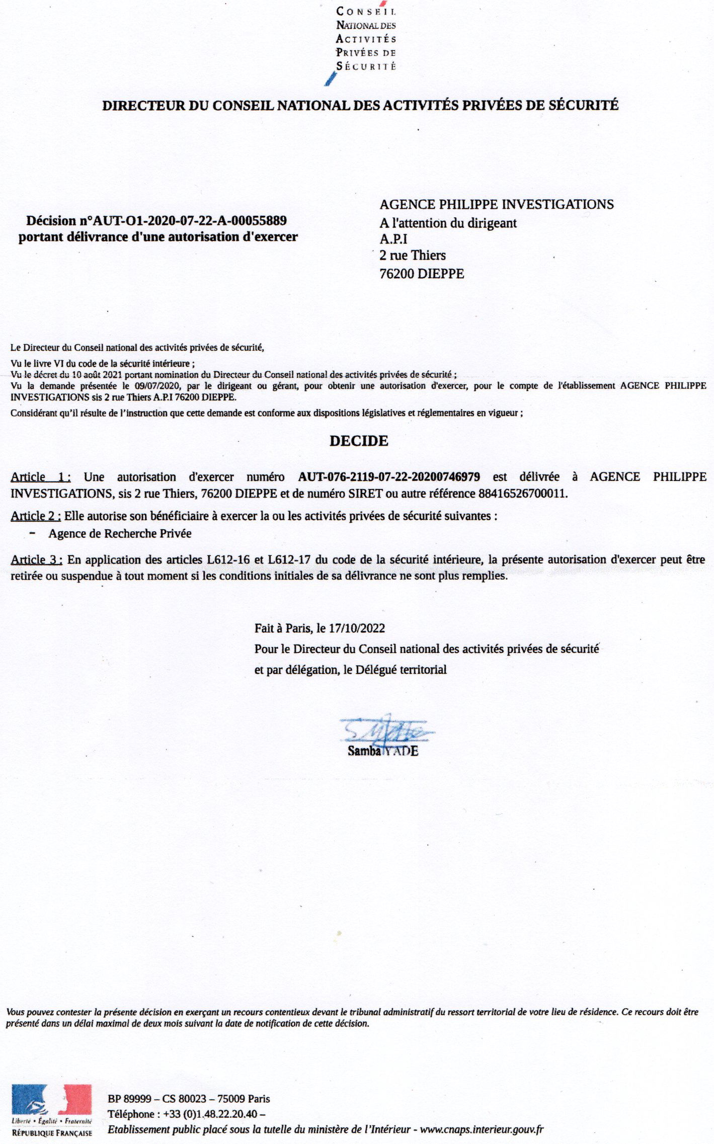 AUTORISATION  - AGREMENT - CARTE PRO