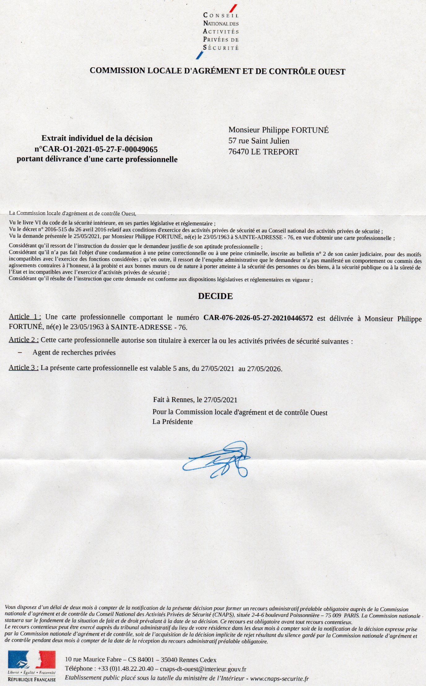 AUTORISATION  - AGREMENT - CARTE PRO