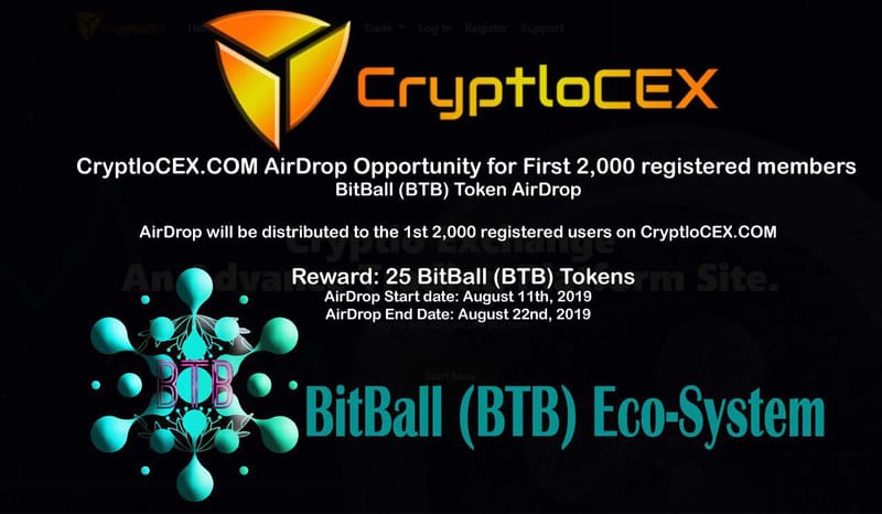 CryptloCex 交换空投，最后日期 22/08/2019