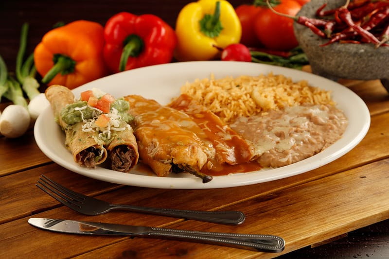 CHILE RELLENO, CHEESE ENCHILADA, & TWO SHREDDED BEEF TAQUITOS