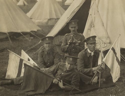 A staged photograph of signal training of Sergeant Sid Bromfield and several Other Ranks of King Edward’s Horse in Service Dress circa 1912-13. Sergeant Bromfield also appears in the previous photograph in which he is wearing his signalers' proficiency badge above his rank chevrons and an additional photograph and his details are shown in the Nominal Roll section of this website.