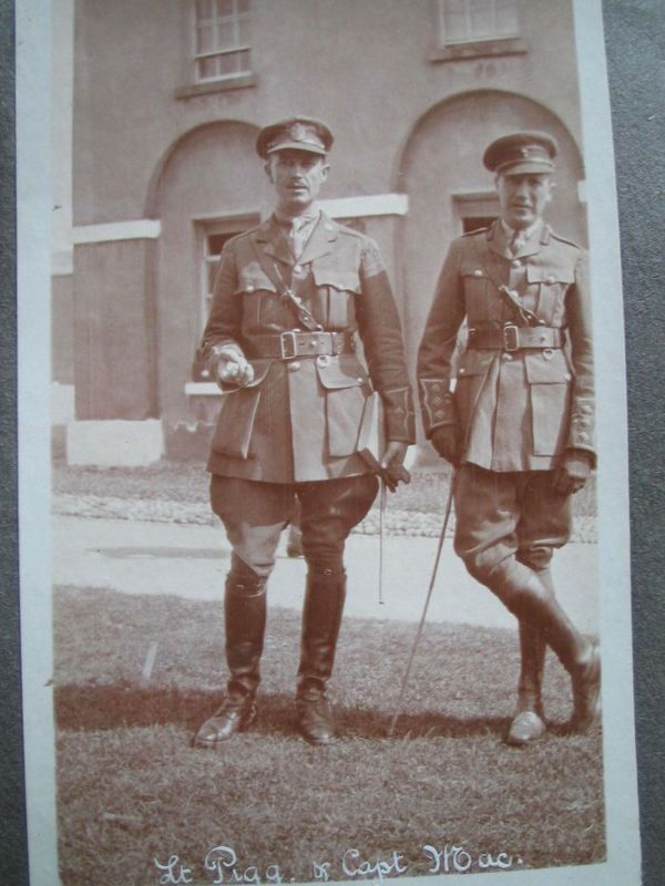 The Officer on the left is Lieutenant Arthur Vincent Piggott, MC, 2nd King Edward's Horse with Captain Joseph P. T. Mackesy, of 5th Battalion, Royal Munster Fusiliers at Kilkenny Barracks in 1917. Captain Mackesy had been recruiting officer for Waterford District from at least September 1913 thru April 1914, and took over duties as recruiting officer for Kilkenny District (in Kilkenny Barracks) as of at least late August 1914, and remained there until invalided out of the Army, 5/3/1918, due to ill-health and granted rank as honorary Major. He was from Carmel, Tramore, Co. Waterford, but the family owned over 1,000 acres of land in South Kilkenny, and Joseph was an alumnus of Kilkenny College. Father - Dr. G. I. Mackesy, JP,  of Lady Lane, Waterford (died September 1917) (Photograph and information Great War Forum).