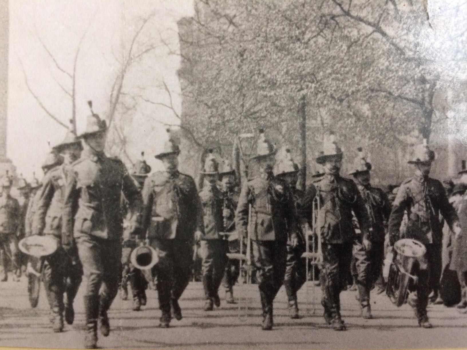 Trumpet Major Peter Anderson, Bandmaster leading the band of the 4th County of London (King’s Colonials) Imperial Yeomanry in Full Dress uniform at Horse Guards Parade on 27/04/1902 (R. J. Smith collection).