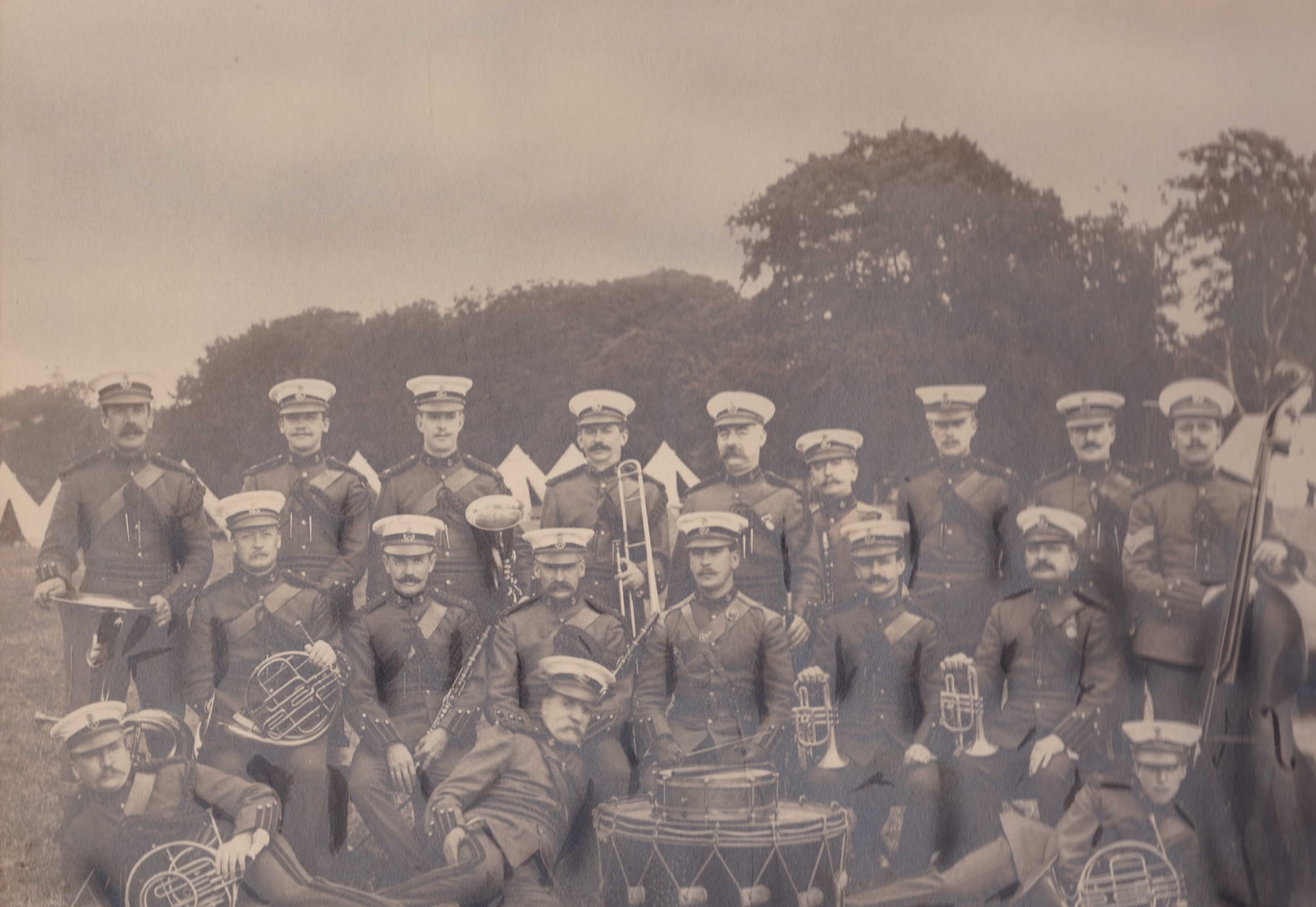 Trumpet Major and Bandmaster Peter Anderson and the 4th County of London (King’s Colonials) Band at St Albans camp in 1904 (Photo courtesy of Grandson, Peter Anderson).