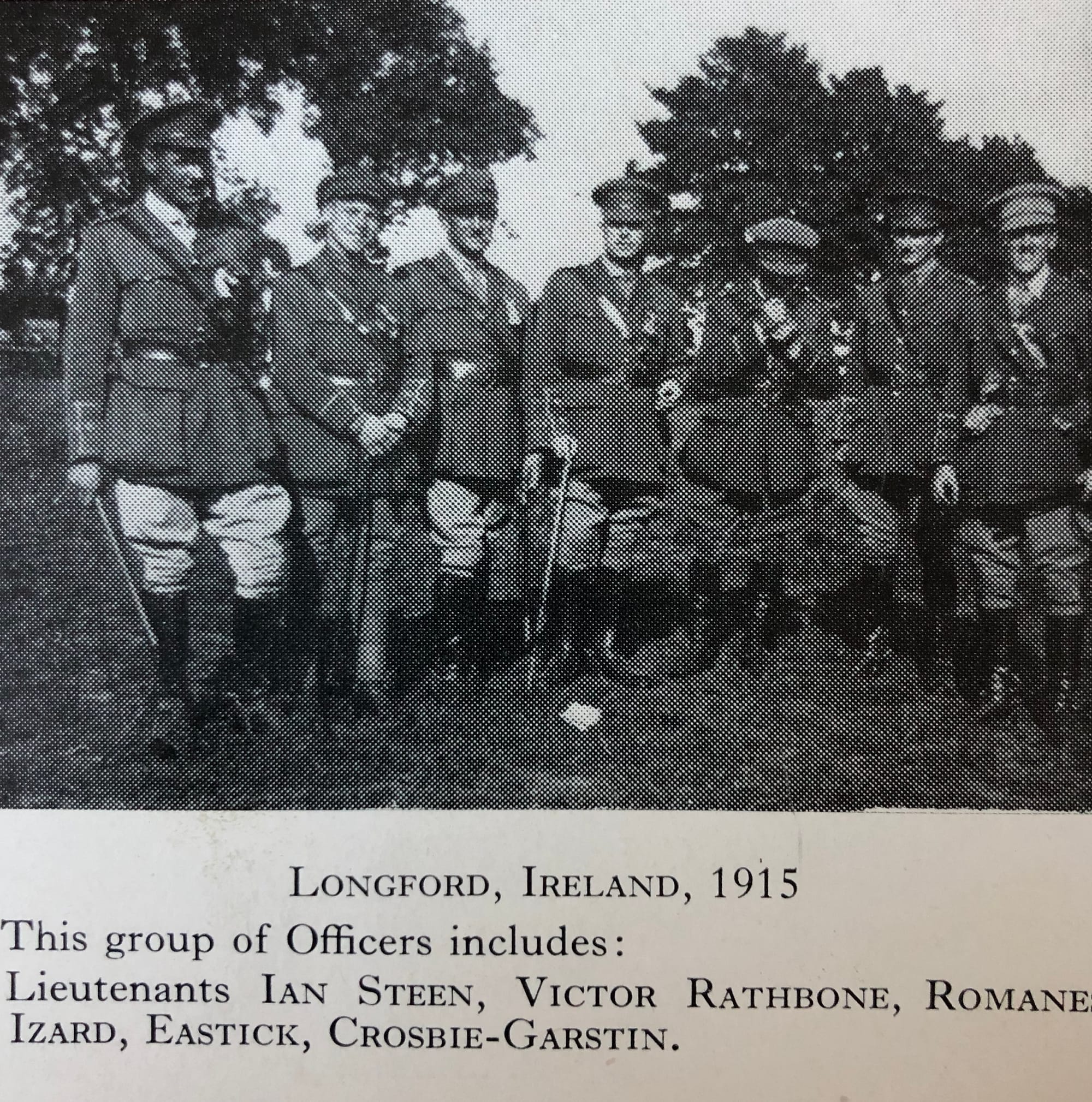 RATHBONE, Victor. 106. As a Lieutenant in 1915 at Longford (third from the left). Old Comrades Association Bulletin.