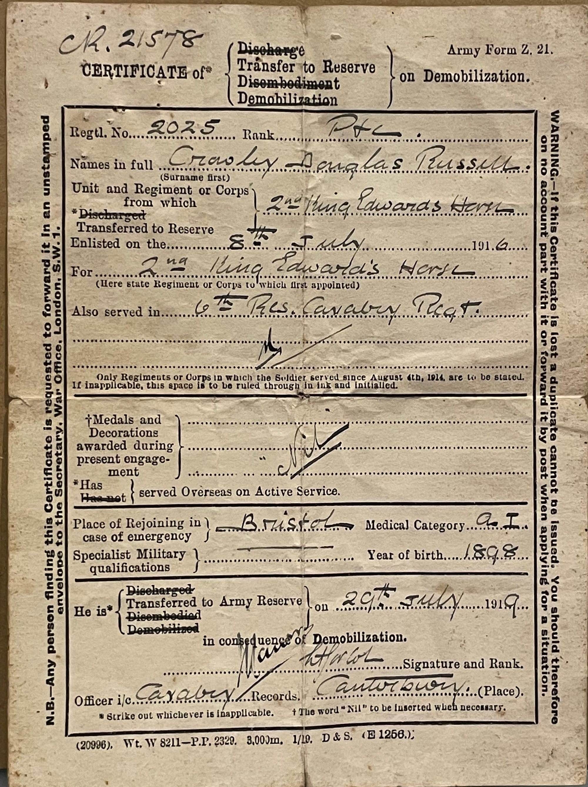 CROWLEY, Douglas Russell. Private. 2025. 2KEH. Original certificate of Transfer to the Reserve