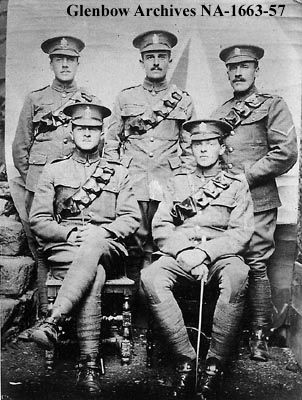 McKAY, William Kellock. Private, KEH. 1509. Ex Royal North-West Mounted Police serving in 1st King Edward's Horse (The King's Oversea Dominions Regiment), Longford, Ireland with their years of service in the Mounted Police in brackets. L-R back row: W.K. McKay, (1914-1916); W.M. Short, (1905-1908); T.A. Harley, (1899). L-R front row: C.C. Kernahan, (1907-1911); A.C.C. Dare, (1911-1916). "Ex Royal North-West Mounted Police serving in 1st King Edward's Horse (The King's Oversea Dominions Regiment), Ireland.", 1916, (CU184577) by Unknown. Courtesy of Glenbow Library and Archives Collection, Libraries and Cultural Resources Digital Collections, University of Calgary.