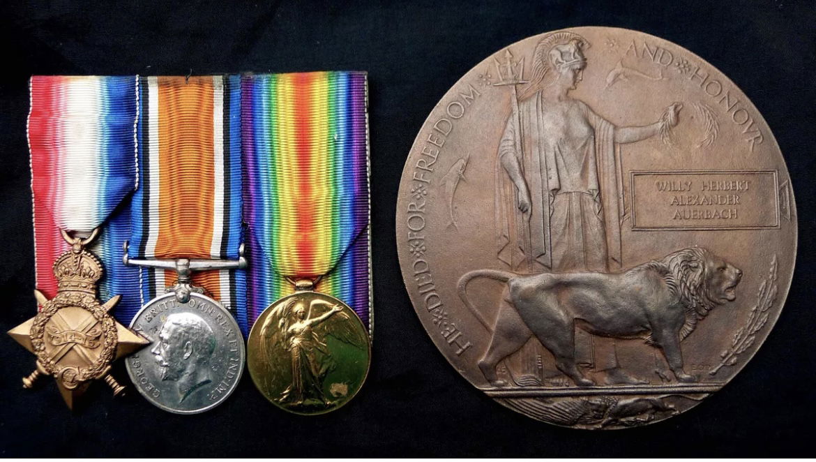 AUERBACH, Willy Herbert Alexander. Private 2KEH, 1145. KIA 23/05/1915. 1914/15 Star trio and death plaque, image courtesy of eBay.