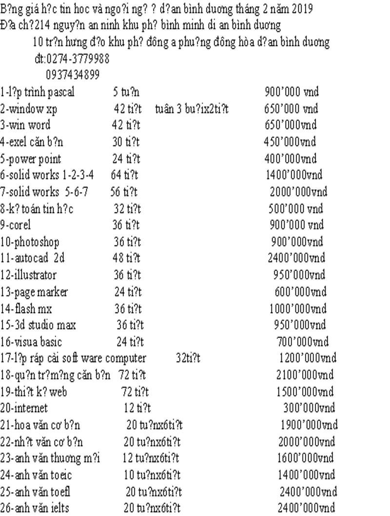bảng giá học phí học vi tính và ngoại ngữ ở bình duơng