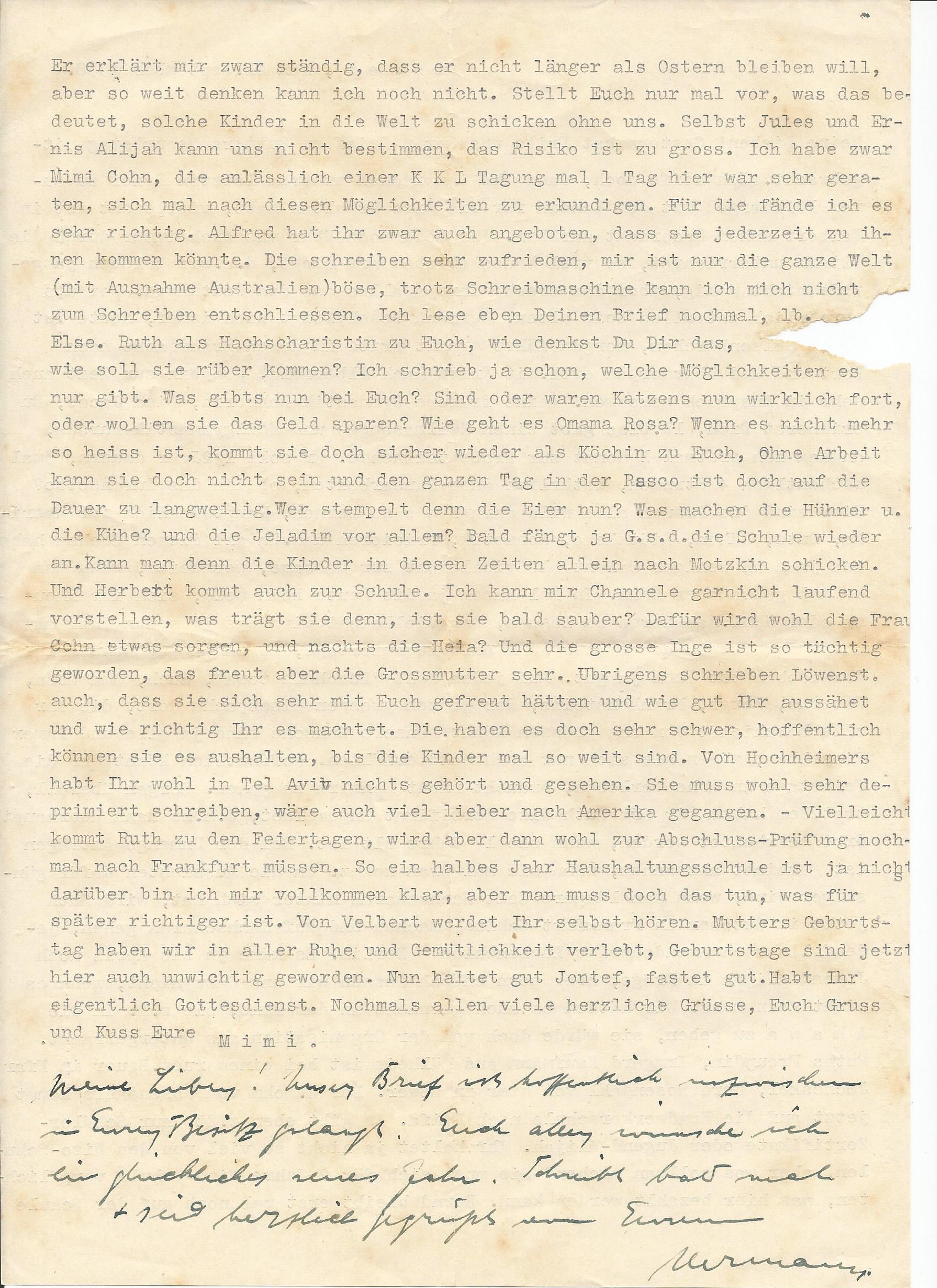 מכתב מפרזה לברג בארץ 21.09.1938