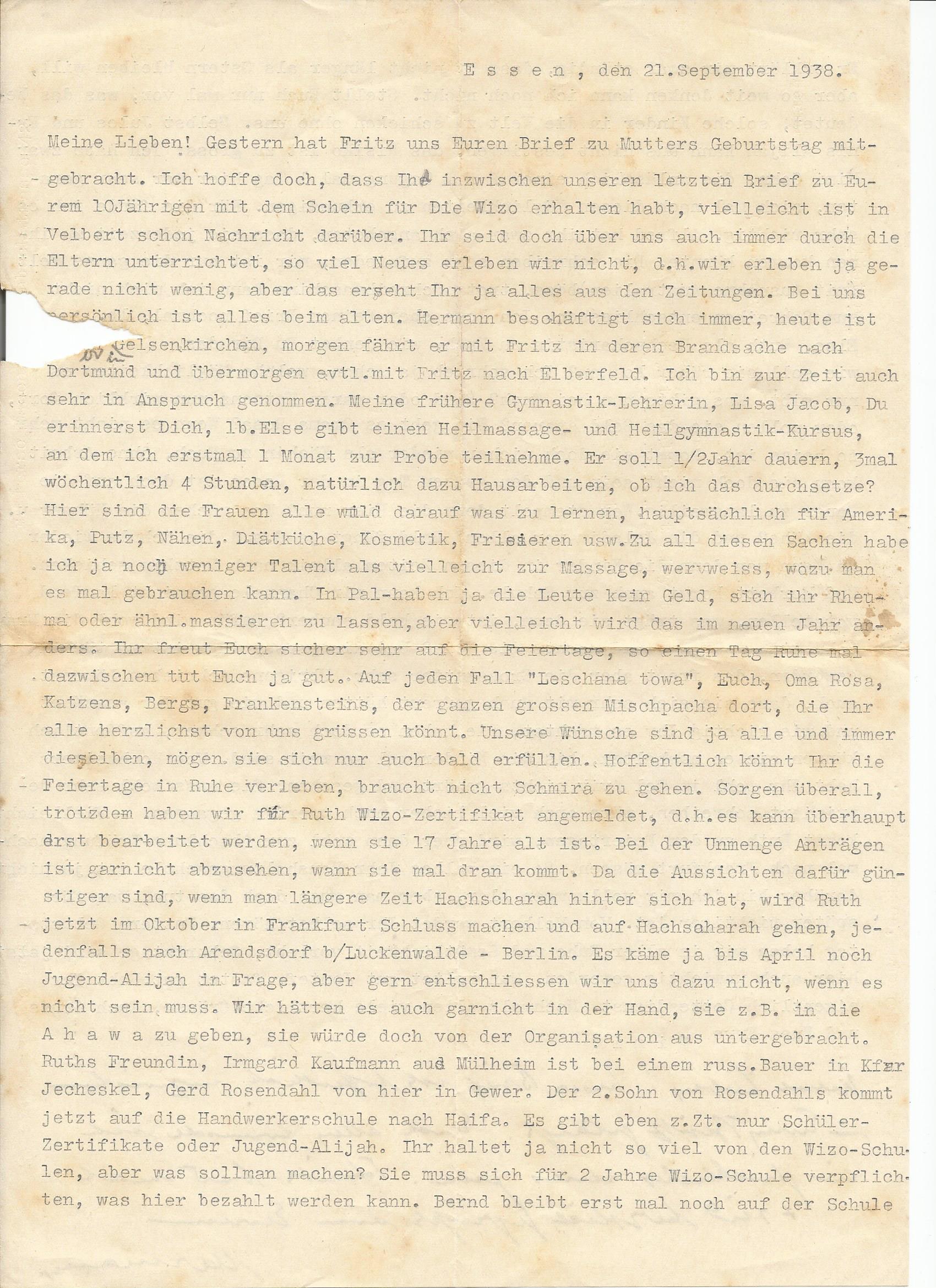 מכתב מפרזה לברג בארץ 21.09.1938