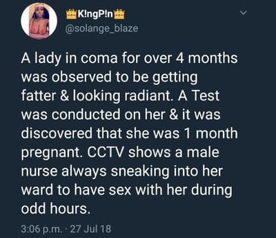 Twitter Stories: CCTV shows male nurse sneaking in to have sex and impregnate a woman who has been in coma for 4-months