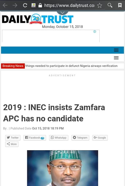 2019 : INEC Insists Zamfara APC Has No Candidate