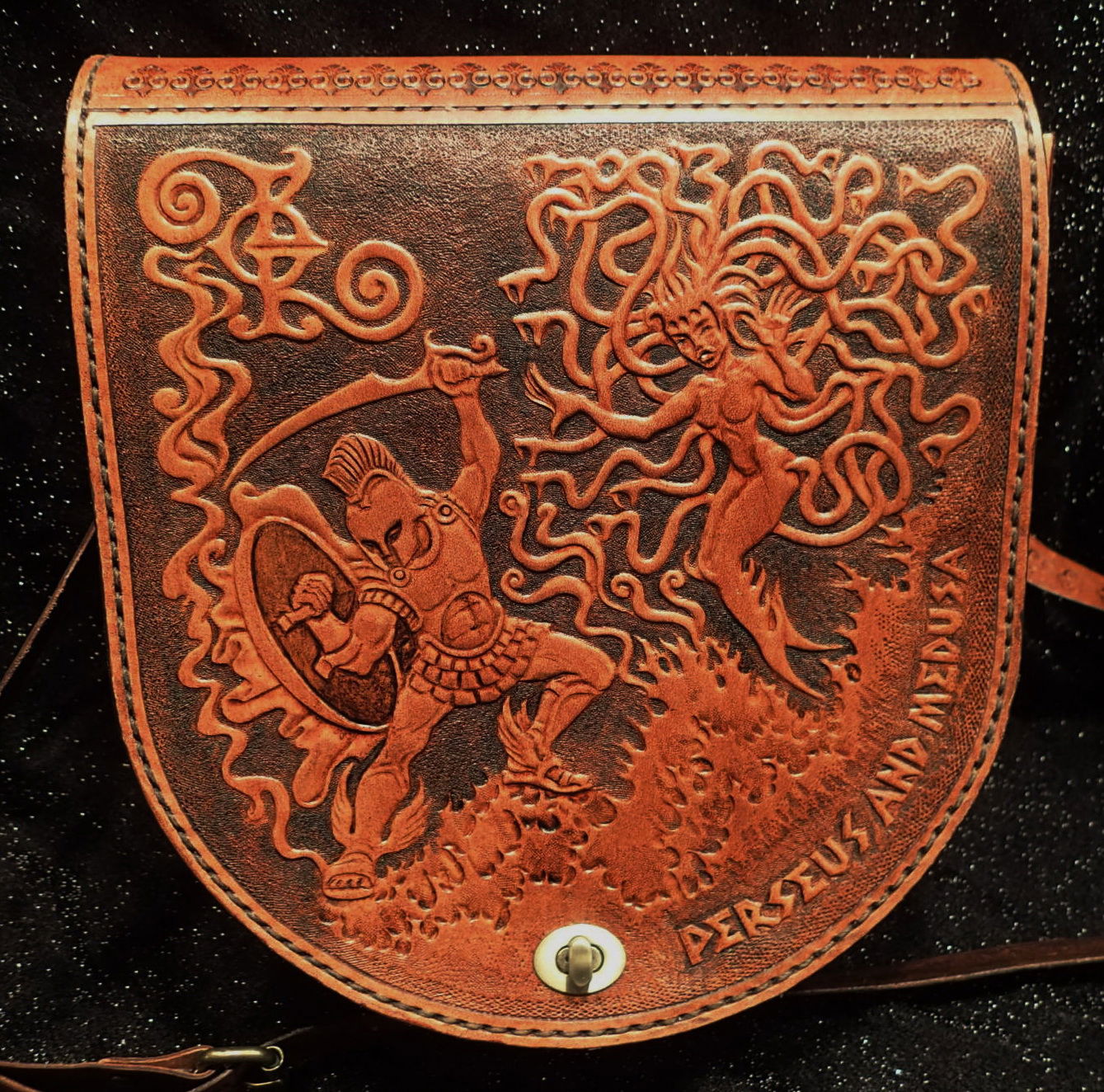 "Perseus and Medusa" - Original design. One of a kind, hand-crafted purse. Veg Tan Leather. 22x22cm