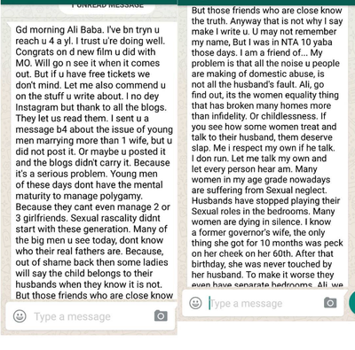 Must read: Ali Baba shares emotional Whatsaspp messages sent to him by an unhappy Nigerian wife
