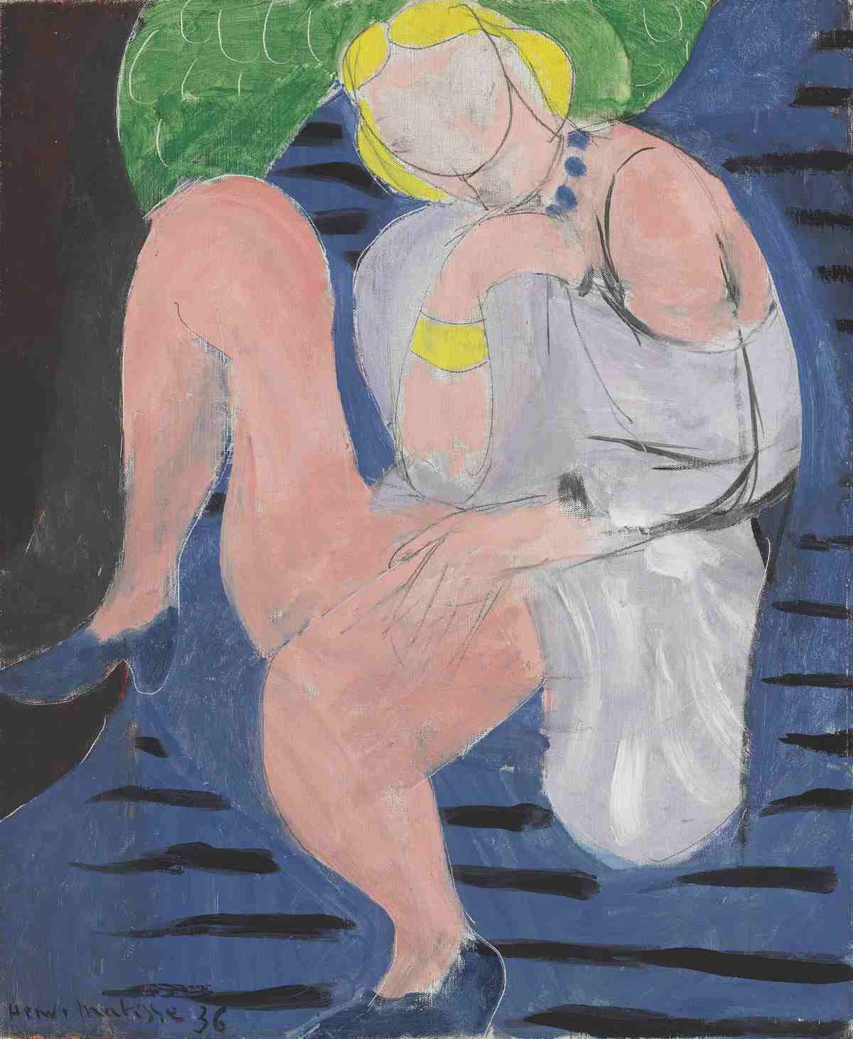 Nu assis, fond bleu