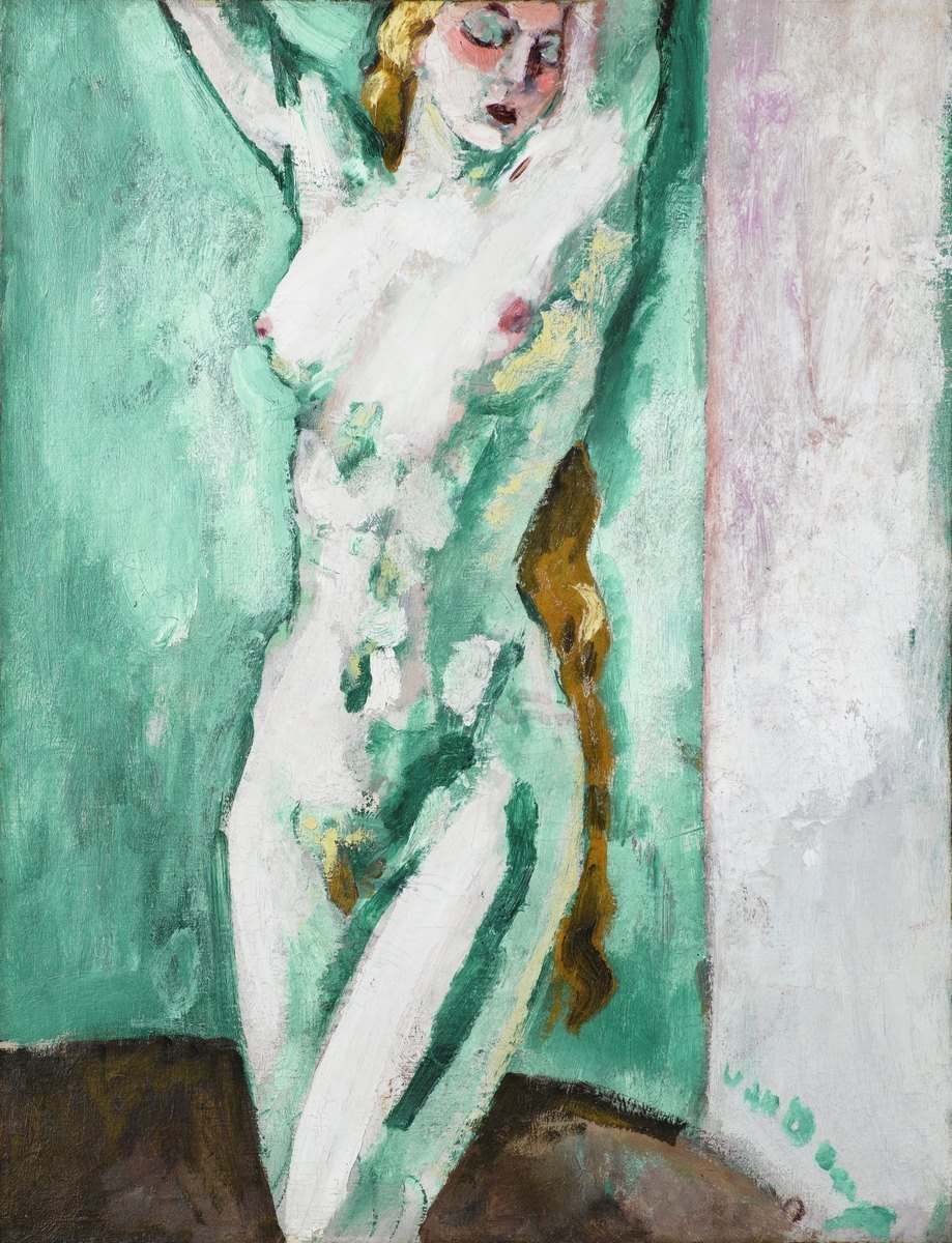 Nu debout sur fond vert et rose