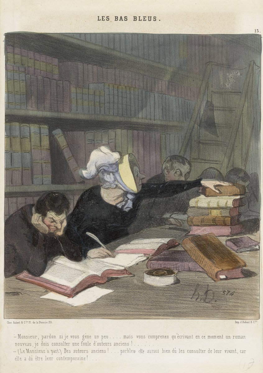 Figuren achter een leestafel in een openbare bibliotheek Les Bas Bleus