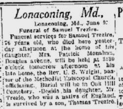 Obituary of Samuel Trezise, husband of Mary Ellen McConnell