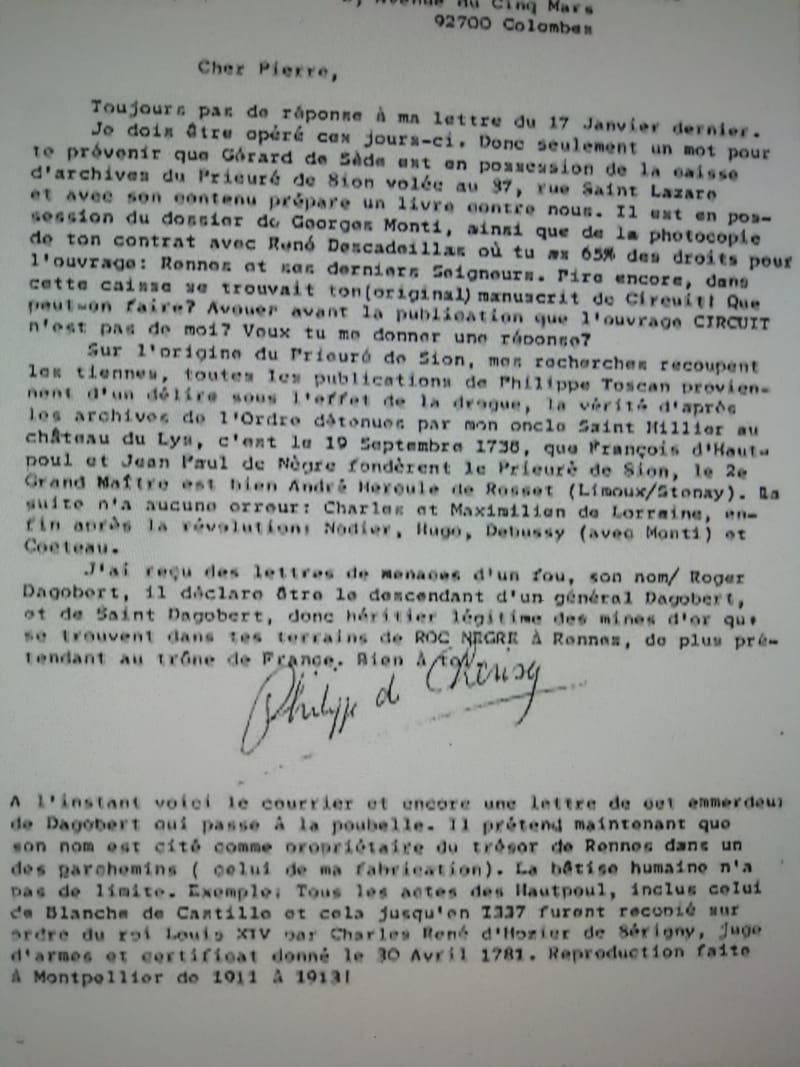 There is reason to suspect that this document may have been part of the haul of stolen Priory papers' which figured in the Chaumeil imbroglio