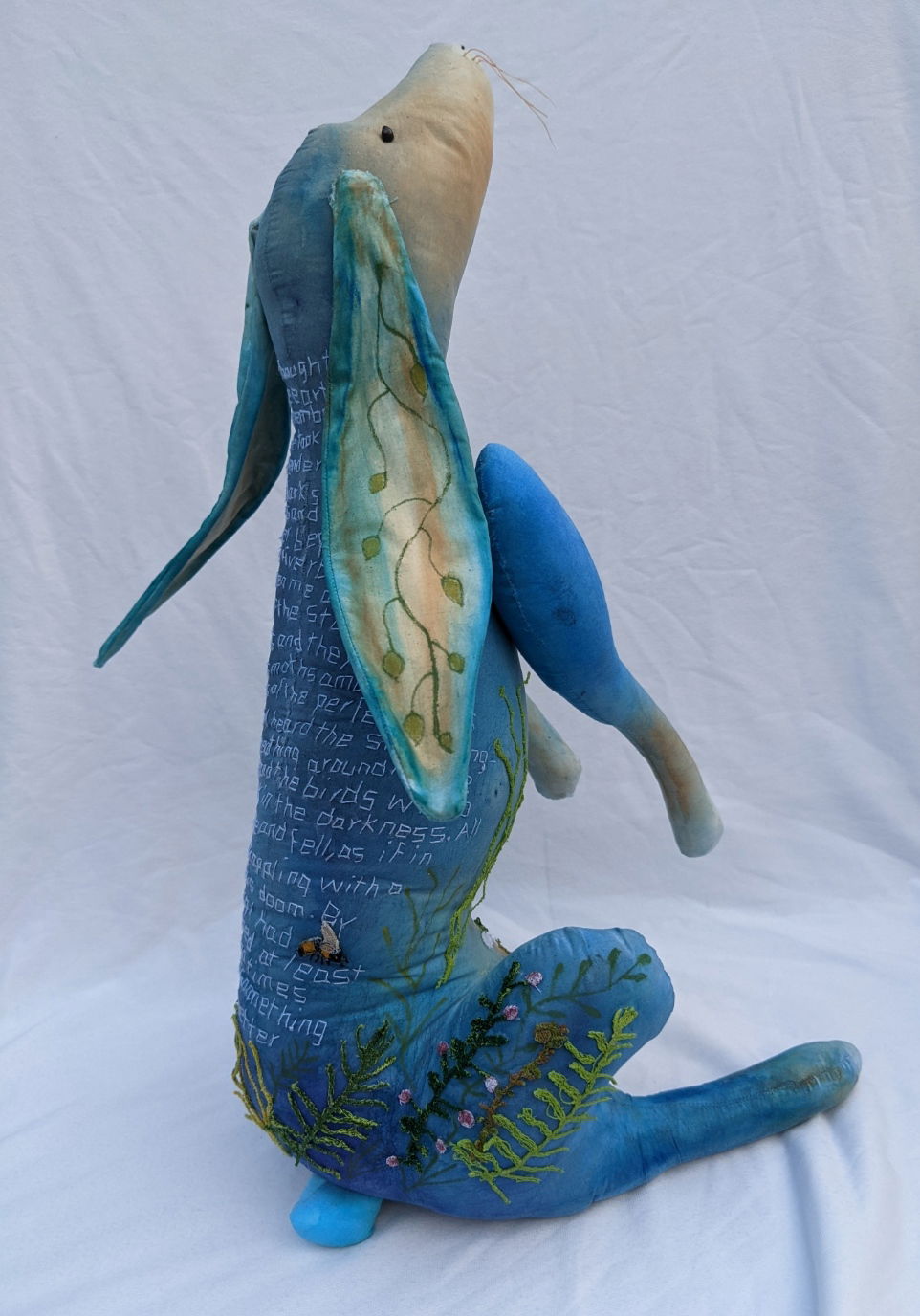 Blue Hare with embroidered poem by Mary Oliver