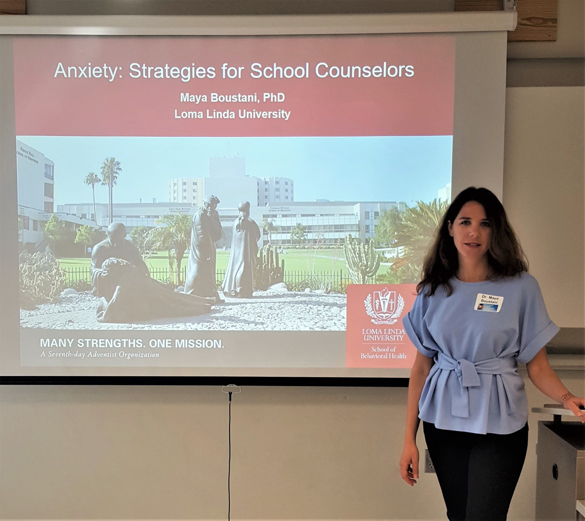 Maya Boustani trains school counselors on strategies to manage anxiety in school settings. Cal State San Bernardino, 2019