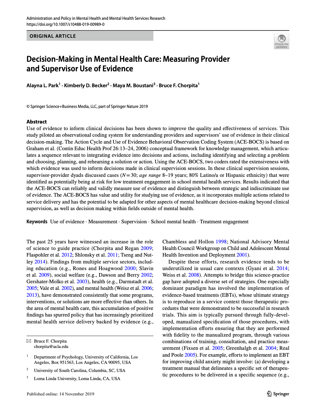 Decision-making in mental health care: Measuring provider and supervisor use of evidence