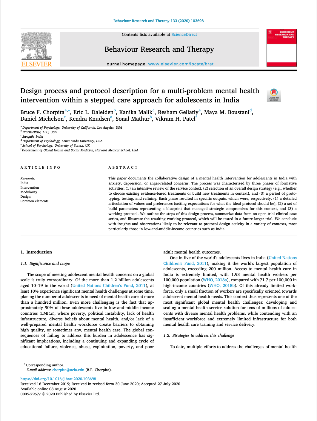 Design process and protocol description for a multi-problem mental health intervention within a stepped care approach for adolescents in India