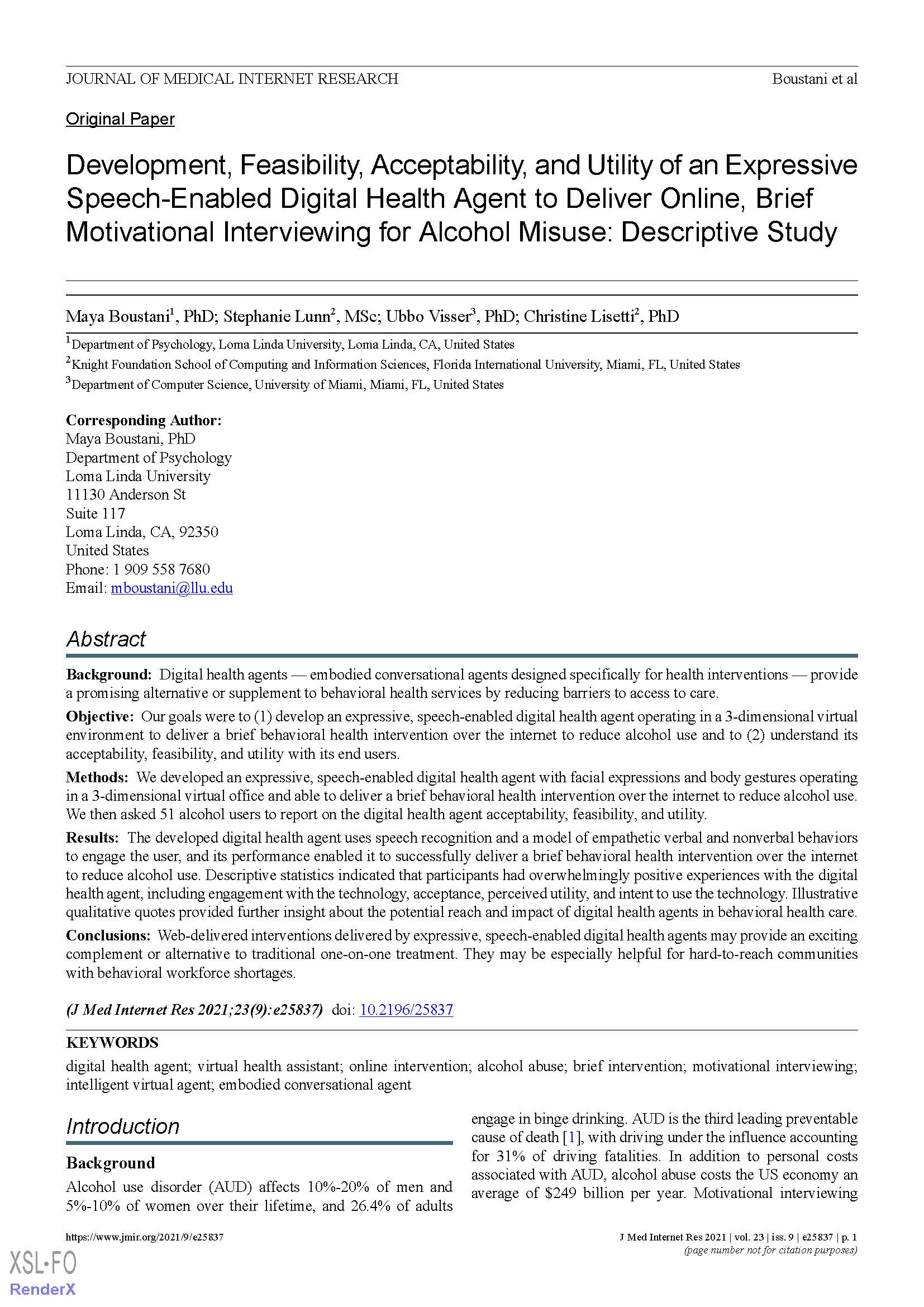 Development, feasibility, acceptability, and utility of an expressive speech-enabled digital health agent to deliver online, brief motivational interviewing for alcohol misuse: Descriptive study