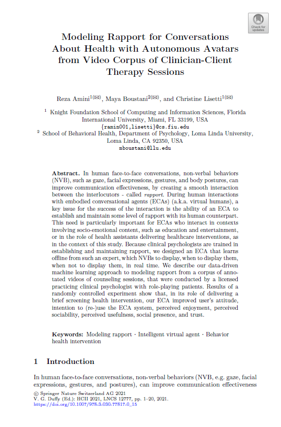 Modeling rapport for conversations about health with autonomous avatars from video corpus of clinician-client therapy sessions