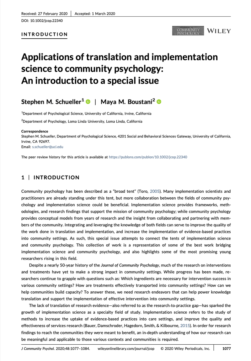 Applications of translation and implementation science to community psychology: An introduction to a special issue