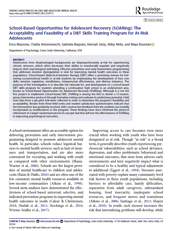 School-based Opportunities for Adolescent Recovery (SOARing): The acceptability and feasibility of a DBT Skill training program for at-risk adolescents.