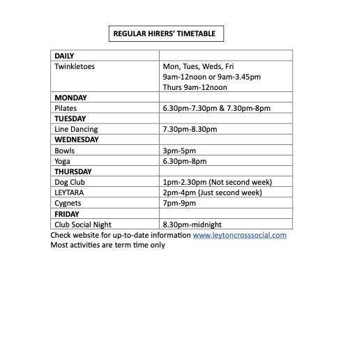 Regular hirers timetable