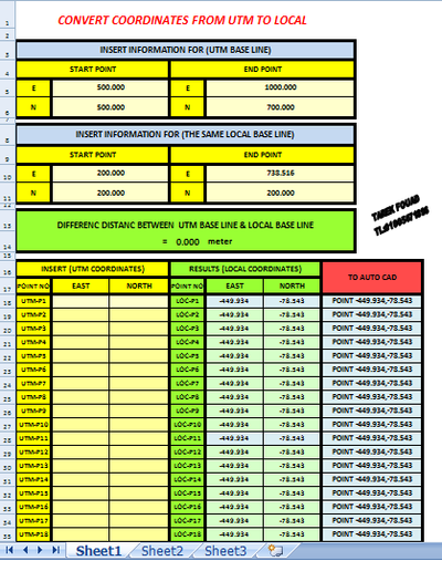 فايل اكسيل لتحويل الاحداثيات FROME UTM TO LOCAL