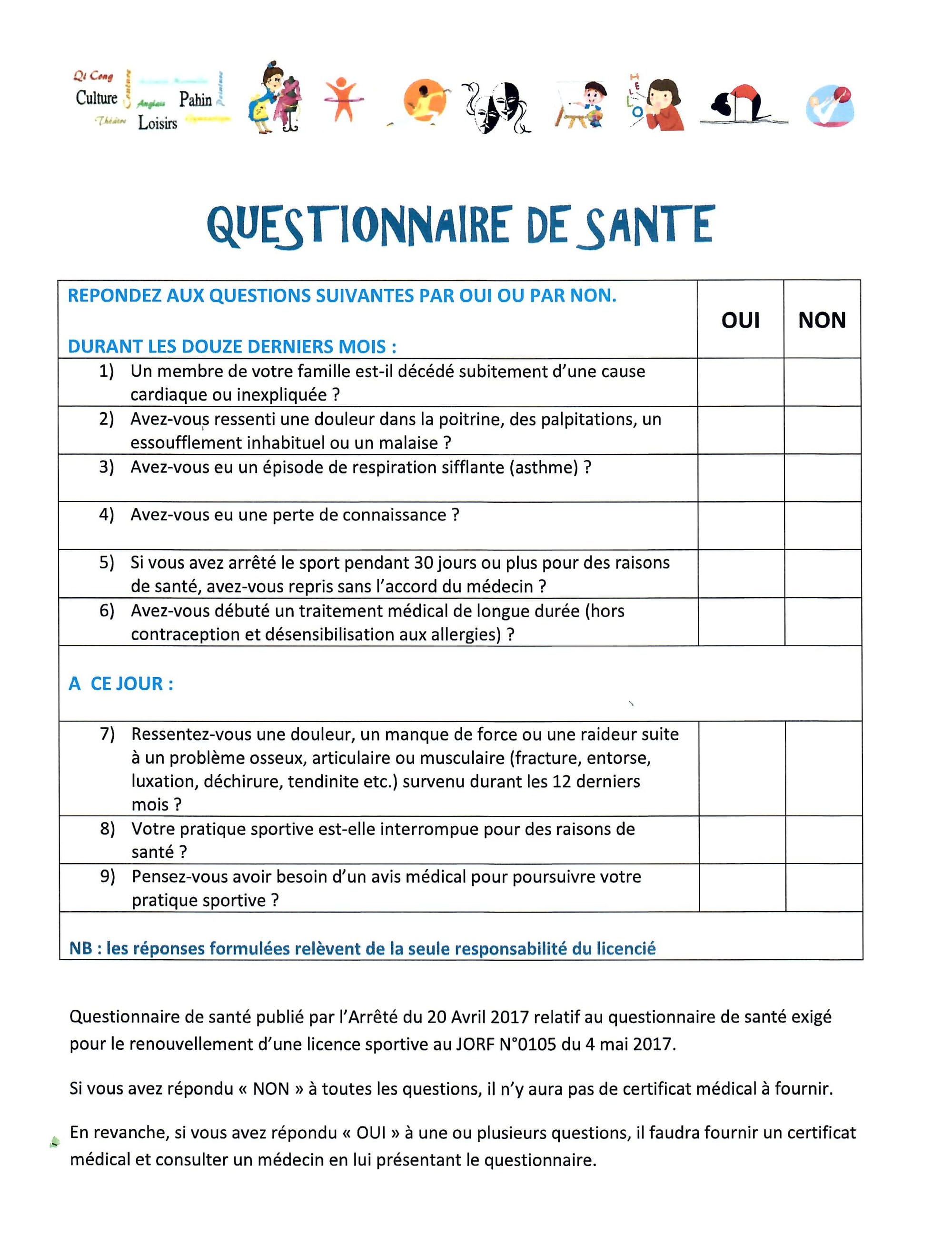 QUESTIONNAIRE SANTE POUR L'ACTIVITE GYM