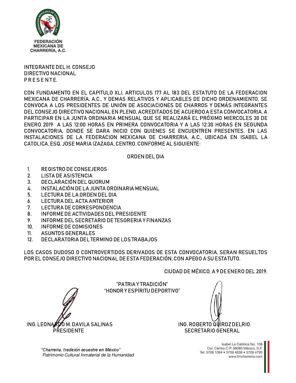 Convocatoria a la Junta Ordinaria Mensual de Enero 2019