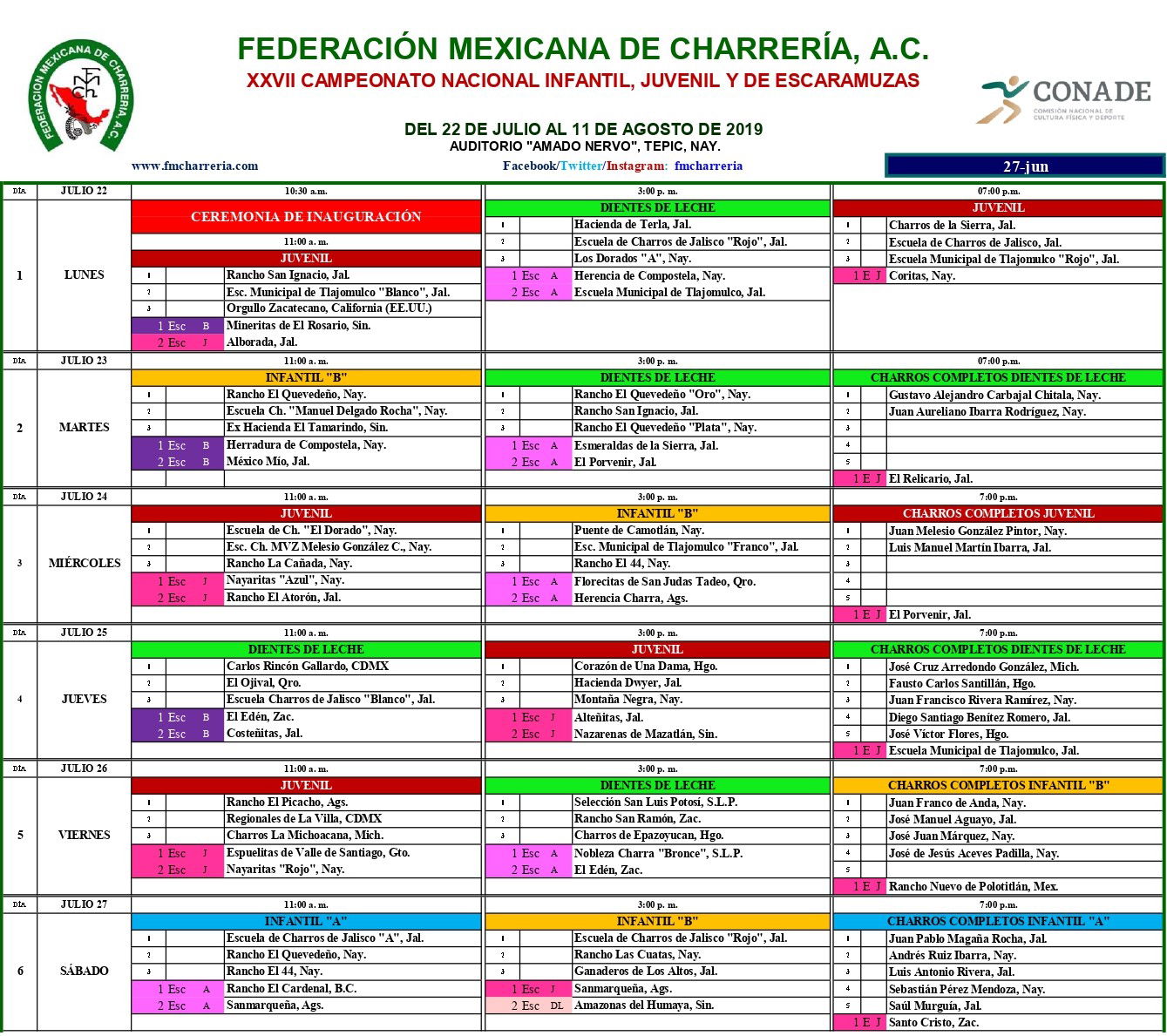 Programa del Campeonato Nacional Charro Infantil, Juvenil y de Escaramuzas 2019