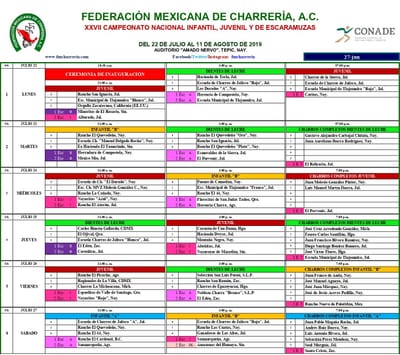 Programa del Campeonato Nacional Charro Infantil, Juvenil y de Escaramuzas 2019