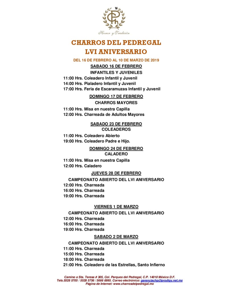 Programa del LVI Aniversario de Charros del Pedregal.