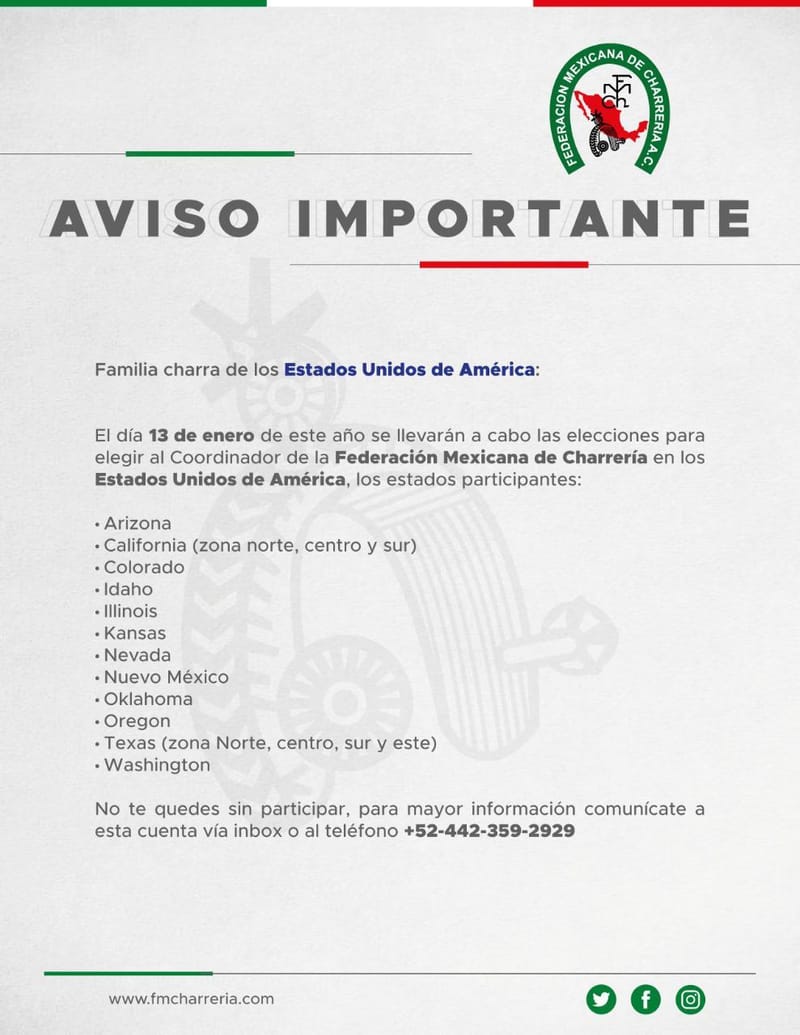 Aviso importante familia charra de los Estados Unidos de América