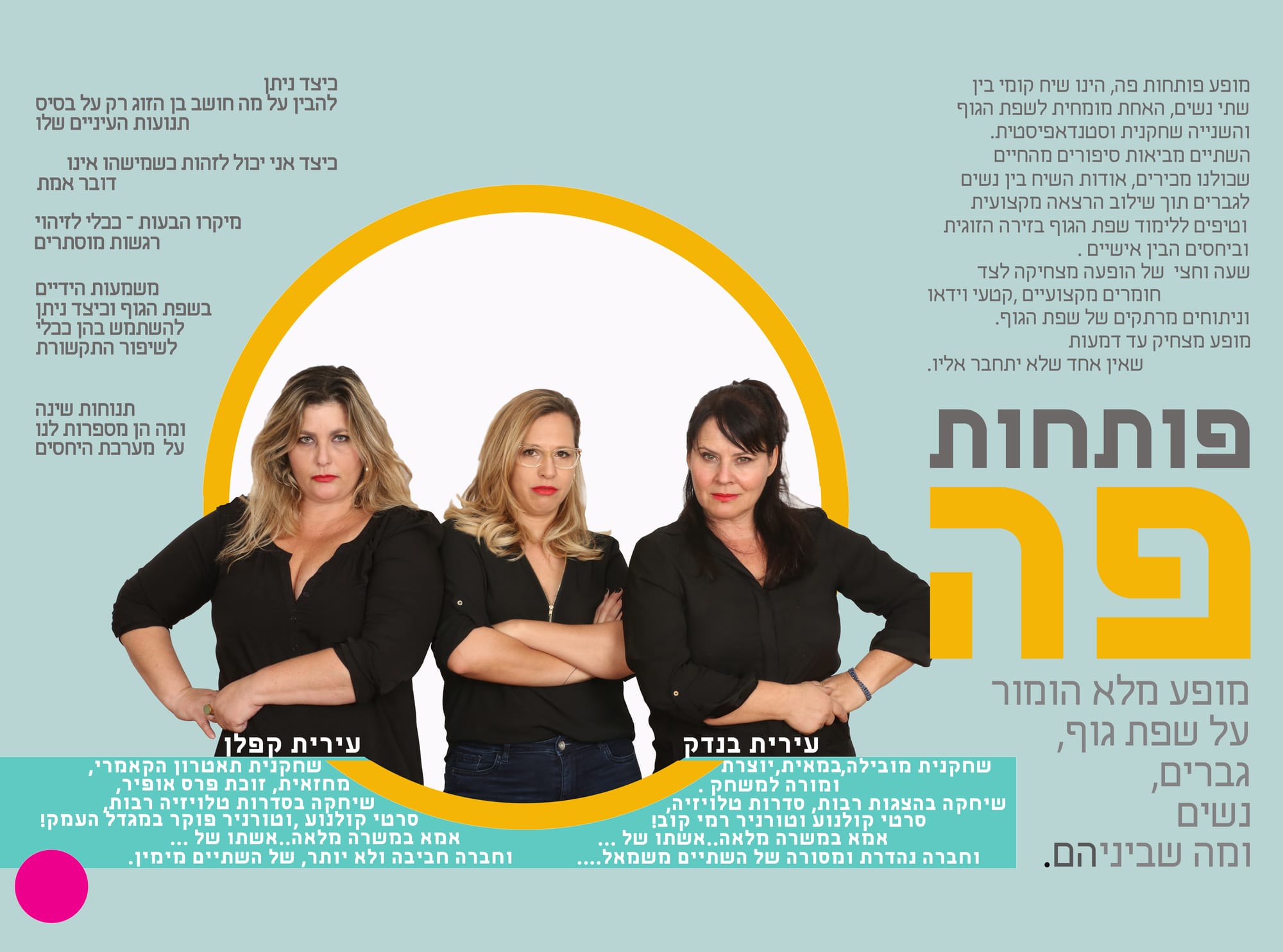 בהשתתפות: עירית קפלן, שחקנית תאטרון הקאמרי, מחזאית, זוכת פרס אופיר לשחקנית הראשית הטובה ביותר ומעיין פולק בשן, יועצת ארגונית, פרשנית ומומחית לשפת הגוף
