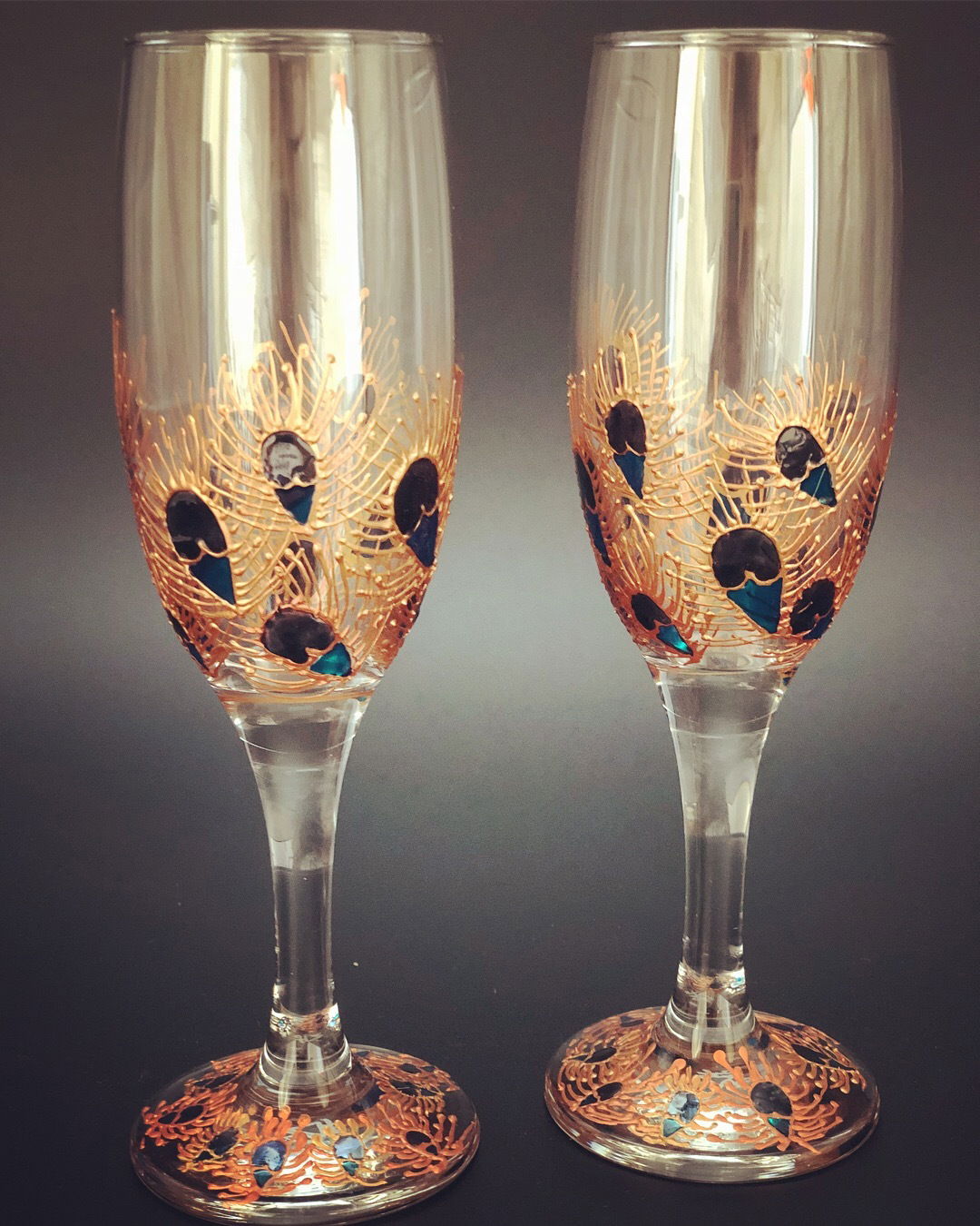 Gold Peacock Champagne Glasses