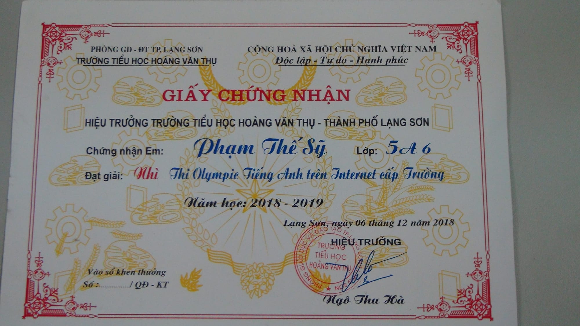 Giải Nhì cuộc thi IOE cấp trường