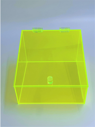 Custom Wall Mounted Fluorescent Green Acrylic Slanted Bin W/ Hinged Lid