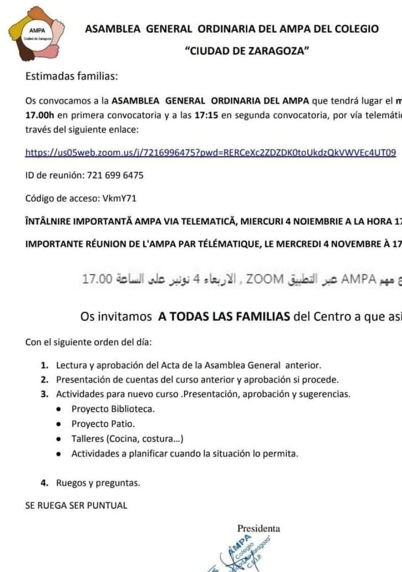 Asamblea general curso 20-21 telemáticamente vía zoom