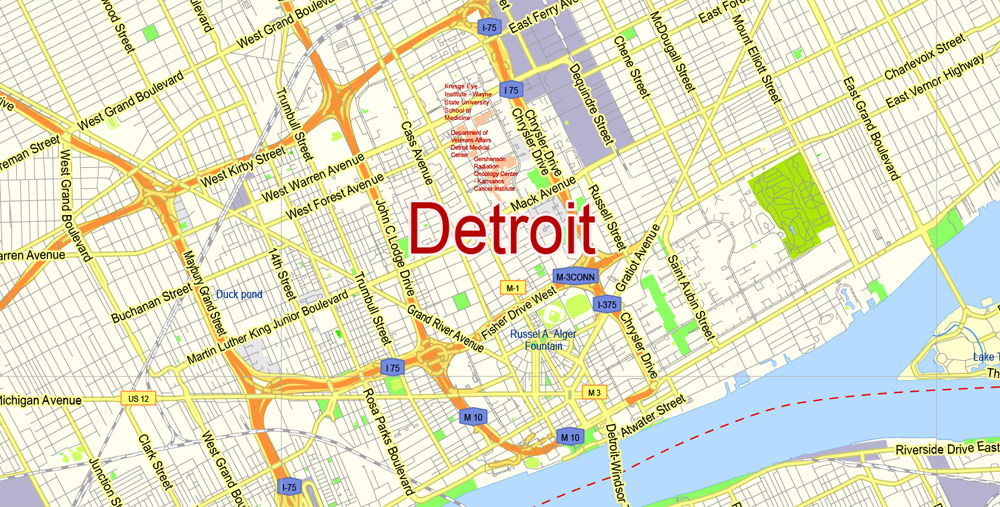 Detroit printable and editable street maps